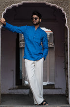 Mor Pankhi peacock blue premium linen short kurta by Mr.Saa (Mr.सा)
