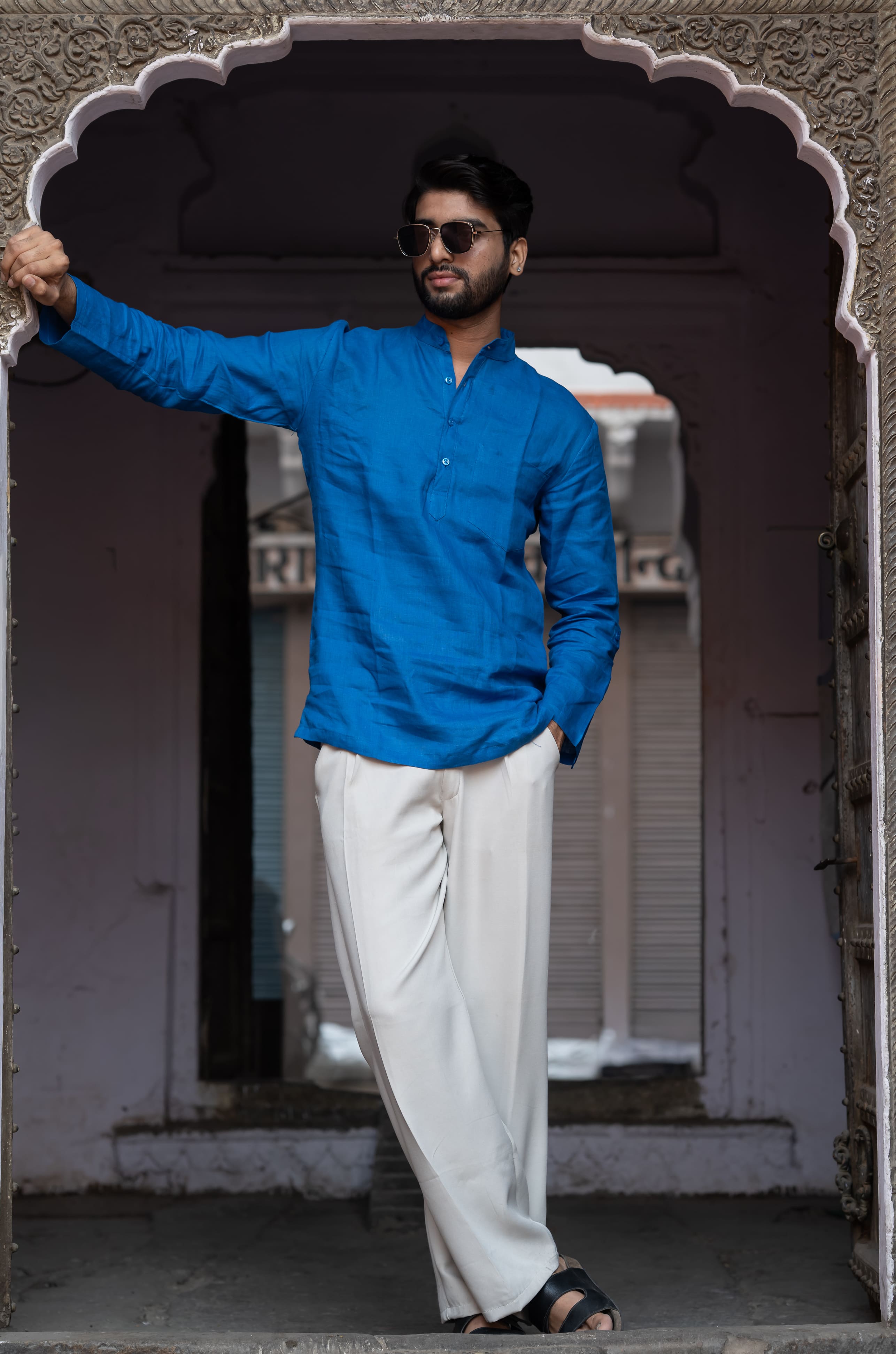 Mor Pankhi peacock blue premium linen short kurta by Mr.Saa (Mr.सा)