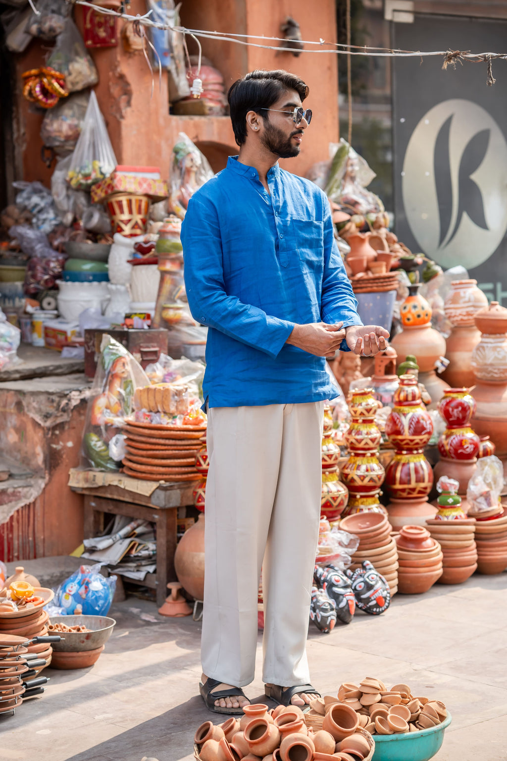 Mor Pankhi peacock blue premium linen short kurta by Mr.Saa (Mr.सा)