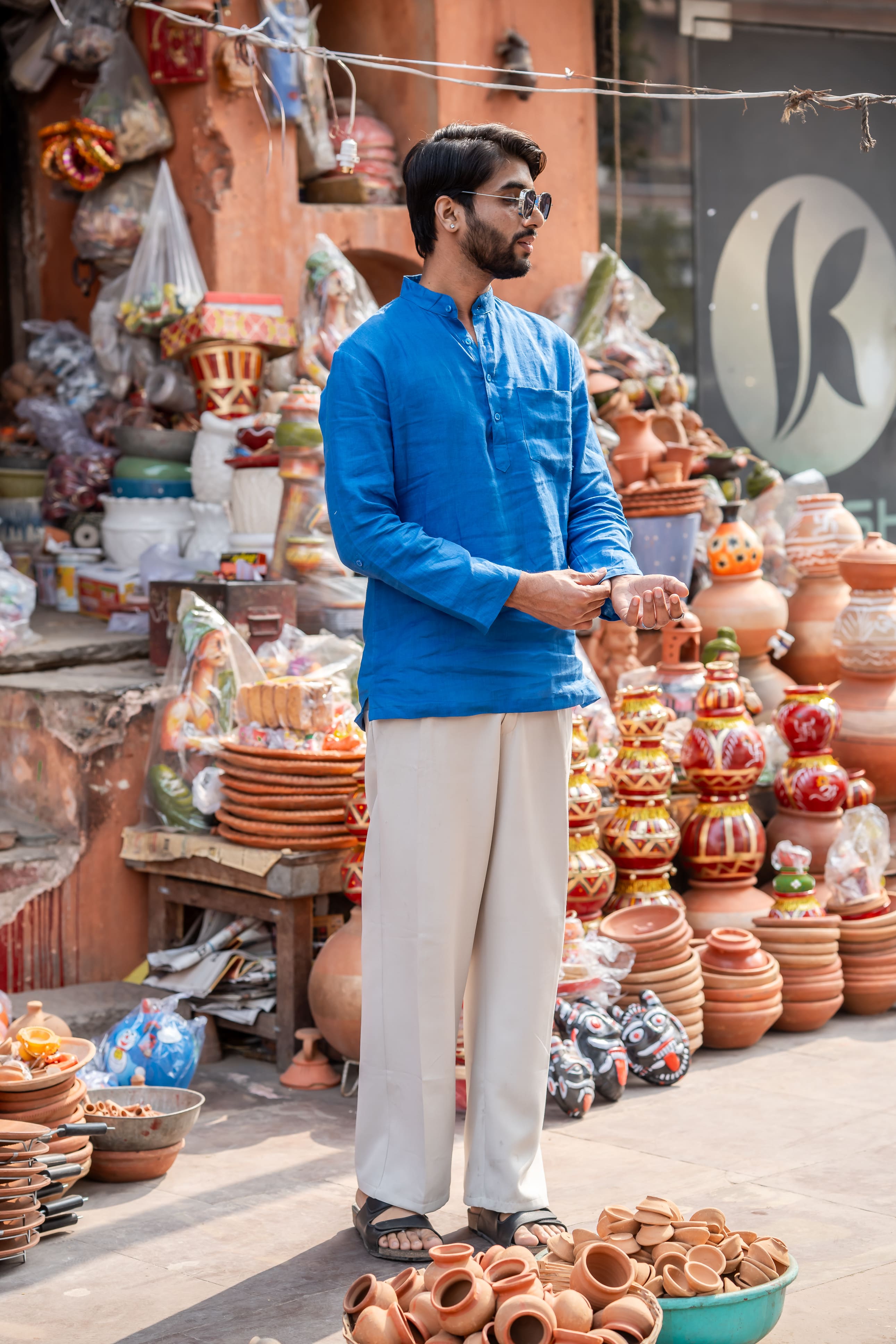 Mor Pankhi peacock blue premium linen short kurta by Mr.Saa (Mr.सा)