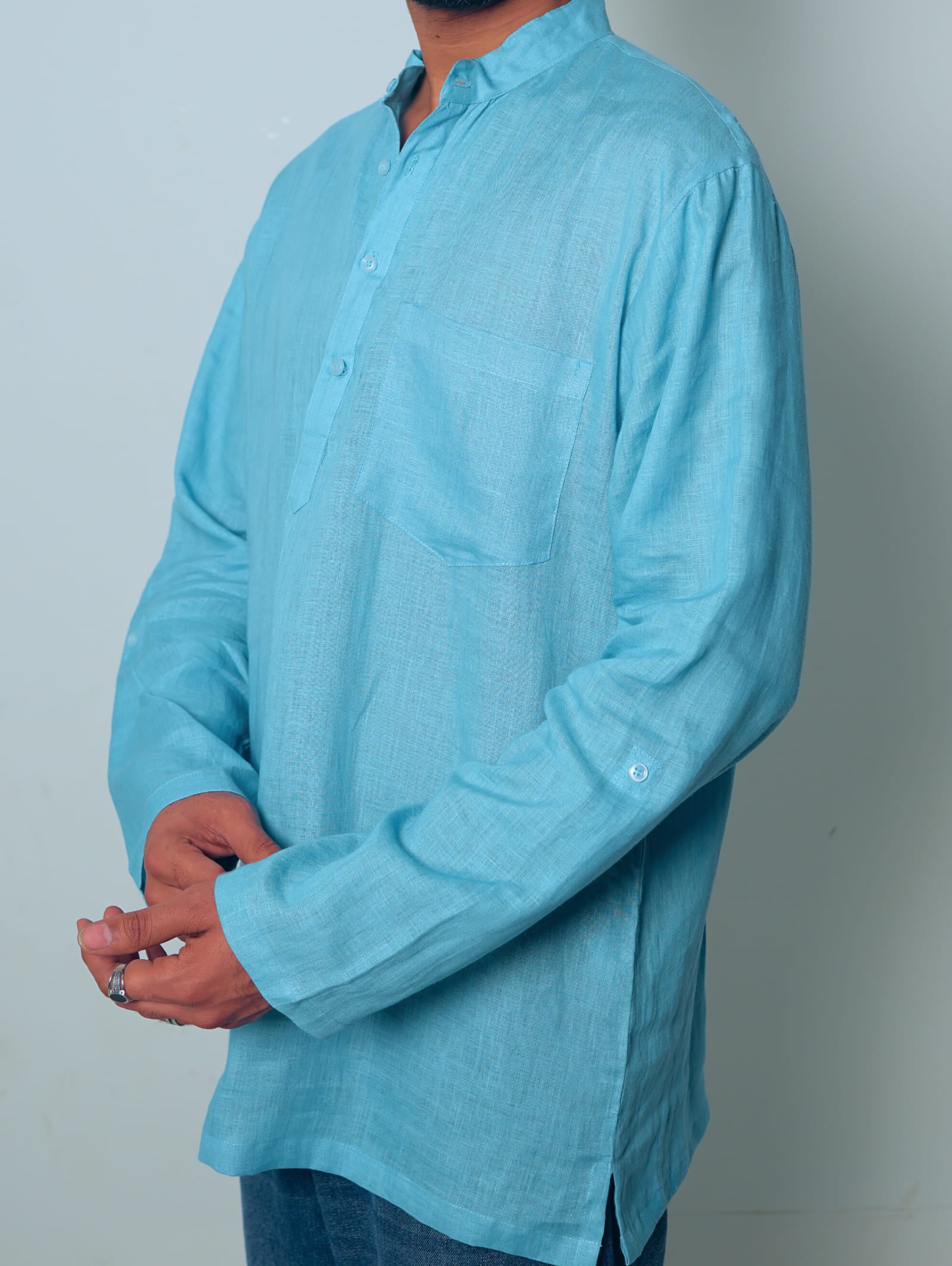 Aasmani light blue premium linen short kurta by Mr.Saa (Mr.सा)