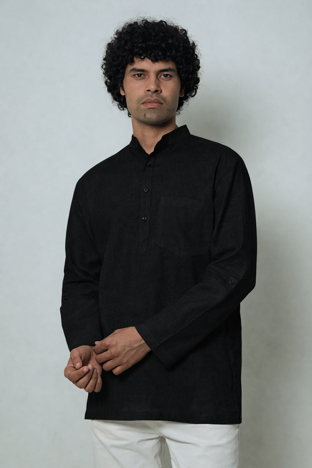 Ama / अमा - Men Rich Black Premium Linen Short Kurta