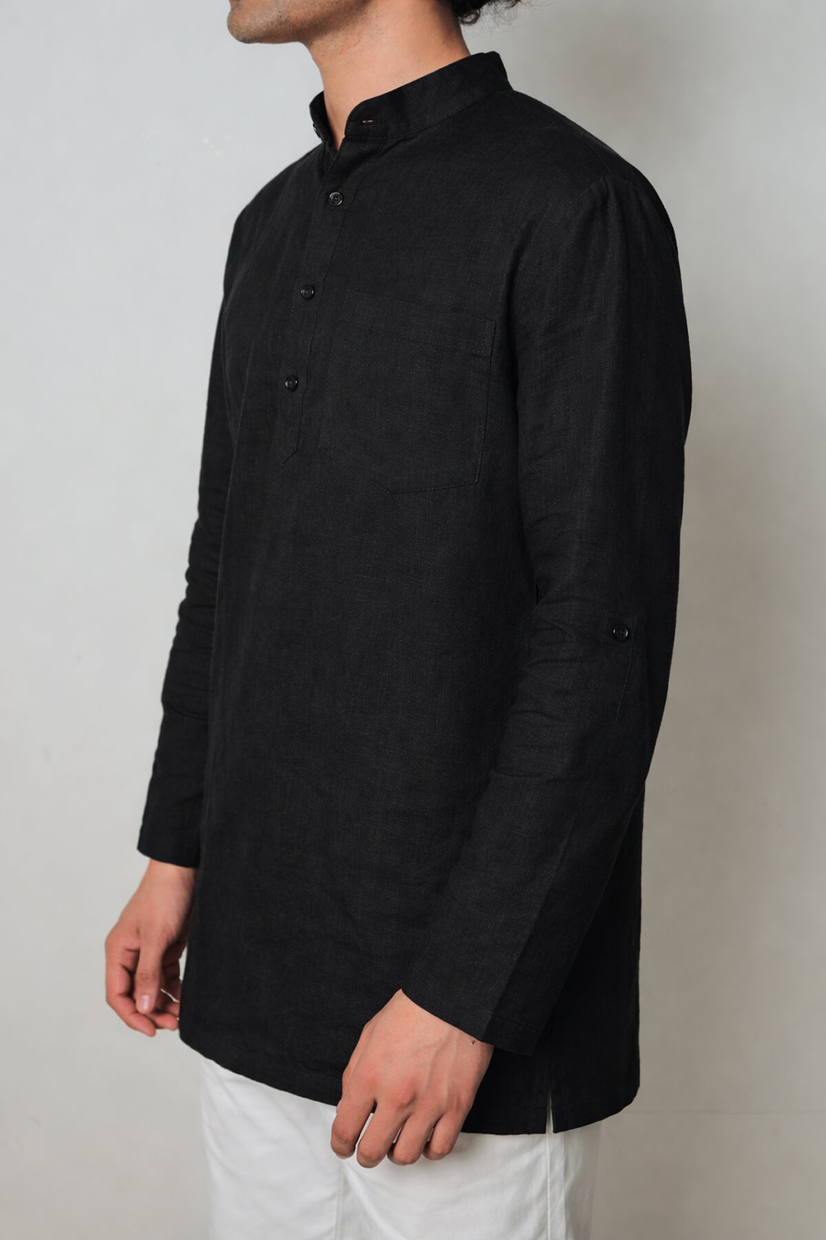 Ama / अमा - Men Rich Black Premium Linen Short Kurta