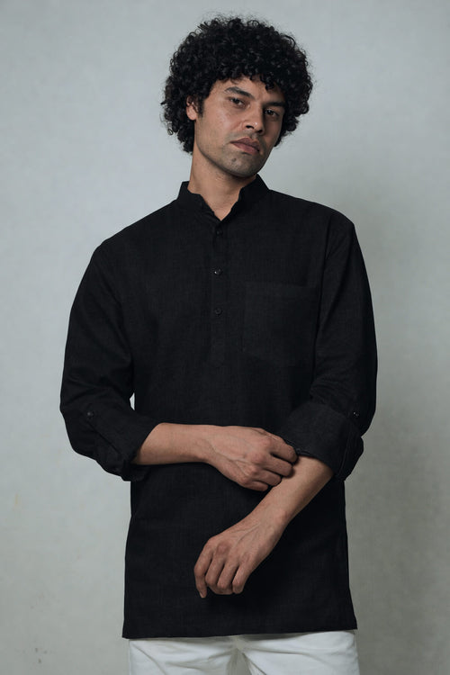 Ama / अमा - Men Rich Black Premium Linen Short Kurta