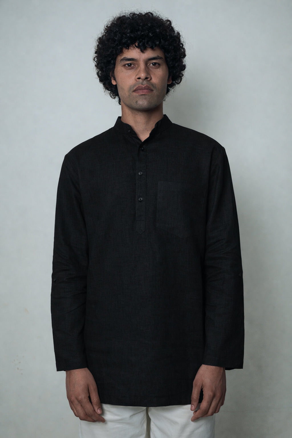 Ama / अमा - Men Rich Black Premium Linen Short Kurta