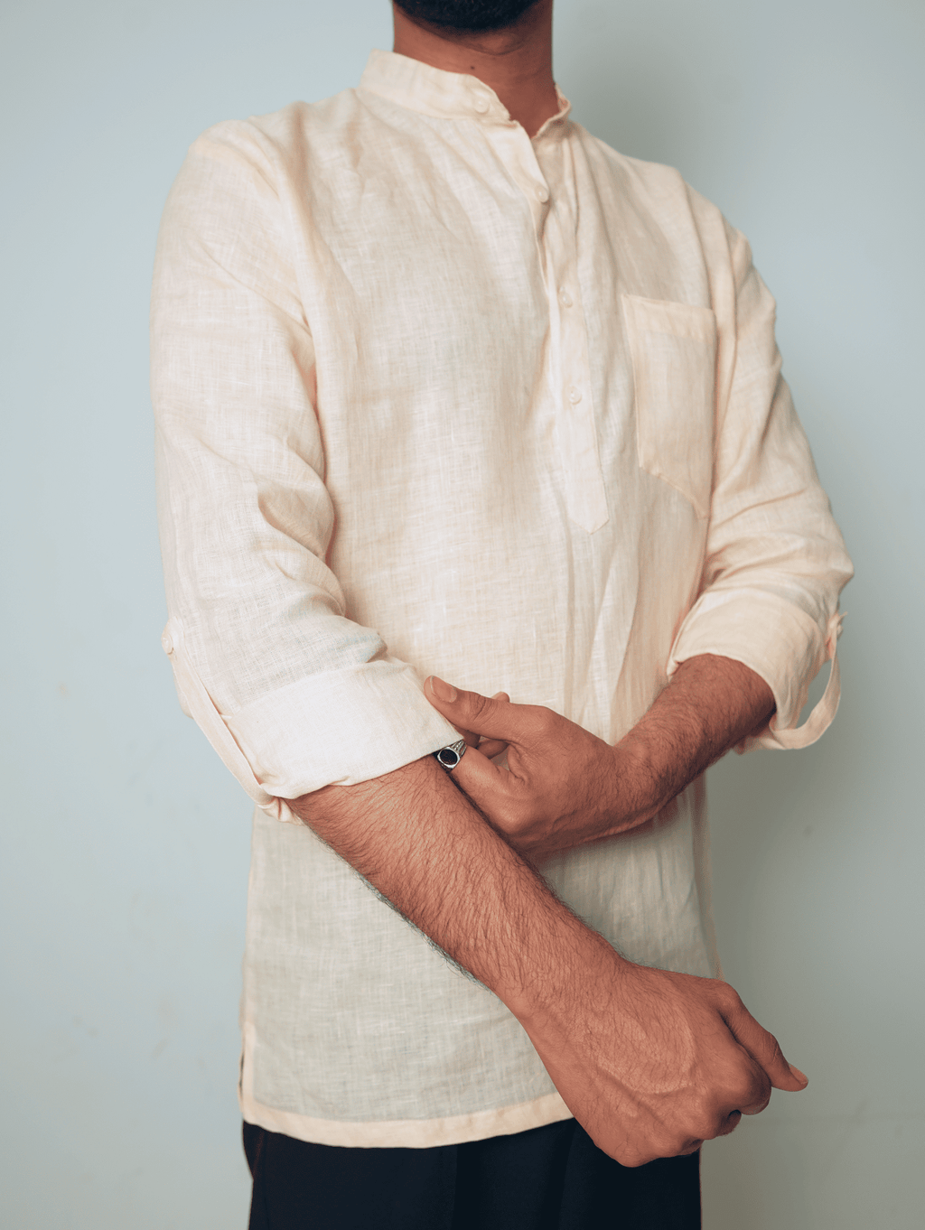 Bhor light peach premium linen short kurta by Mr.Saa (Mr.सा)