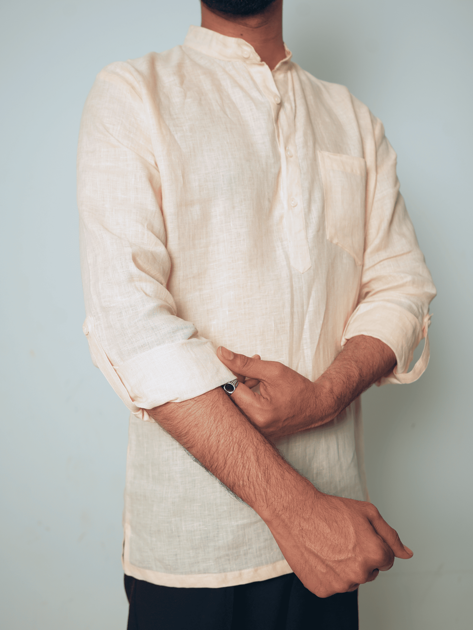 Bhor light peach premium linen short kurta by Mr.Saa (Mr.सा)