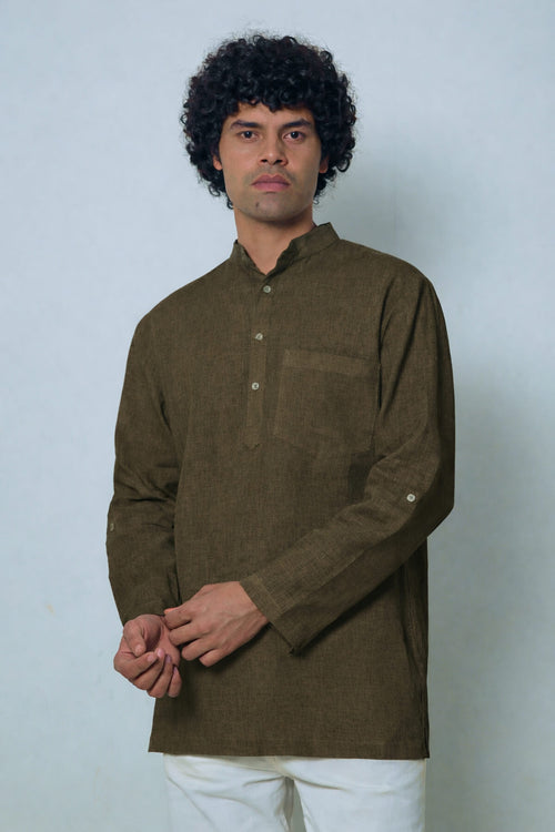 Heena olive green premium linen short kurta by Mr.Saa (Mr.सा)