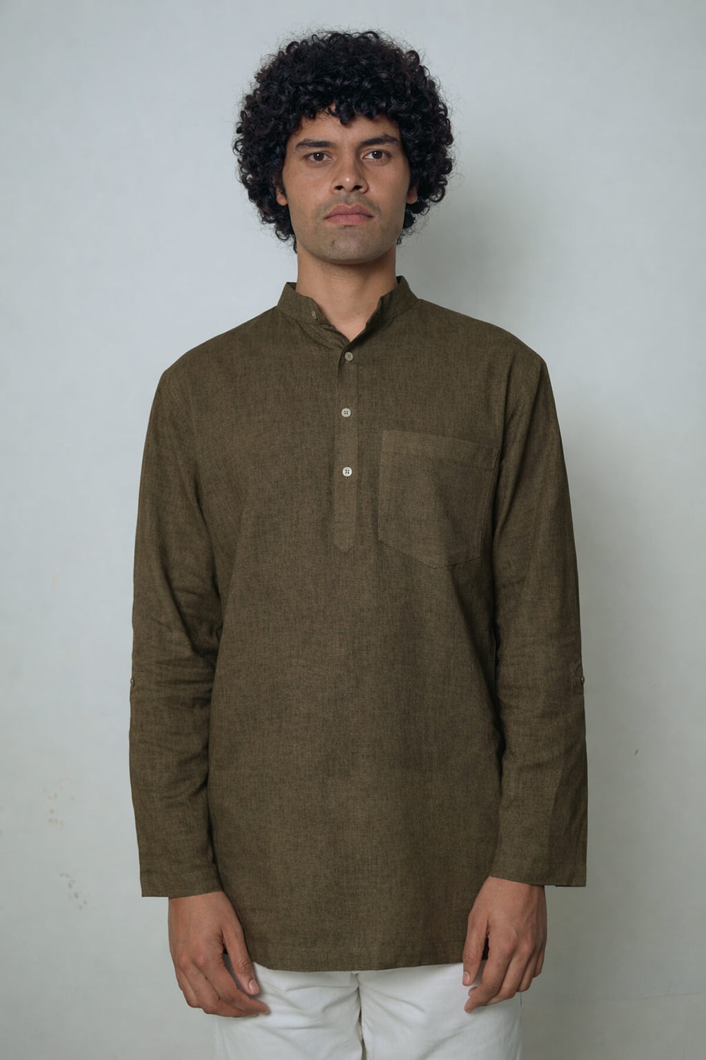 Heena olive green premium linen short kurta by Mr.Saa (Mr.सा)